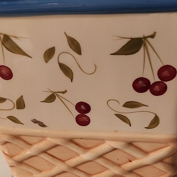 Cherry Pattern Ceramic Canister with Blue Accents - Picture 2 of 11